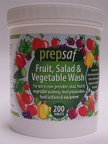 Picture shows image of a tub of 200 Prepsaf Salad, fruit & vegetable wash tablets. These tablet dissolve quickly in water to make a fast acting, non-tainting solution for killing all food poisoning bacteria on produce.