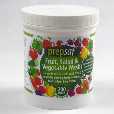 Picture shows image of a tub of 200 Prepsaf Salad, fruit & vegetable wash tablets. These tablet dissolve quickly in water to make a fast acting, non-tainting solution for killing all food poisoning bacteria on produce.